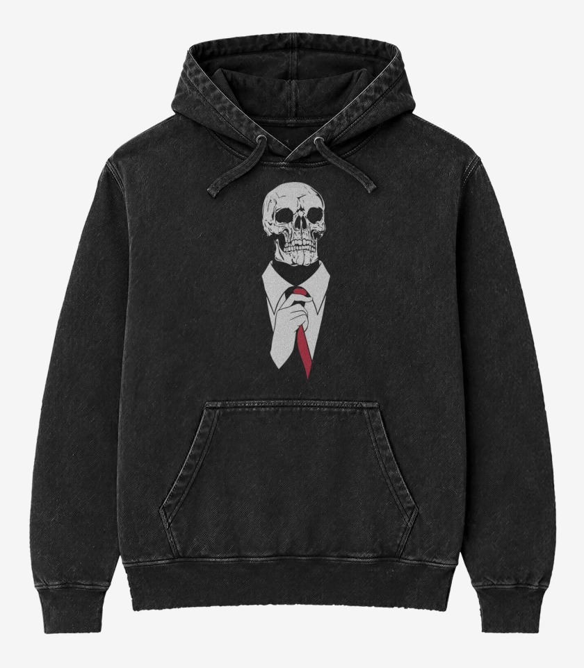 Poleron Canguro Acid Wash Negro de Calavera Corbata
