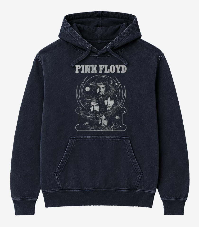 Poleron Canguro Acid Wash Azul Marino de Pink Floyd faces