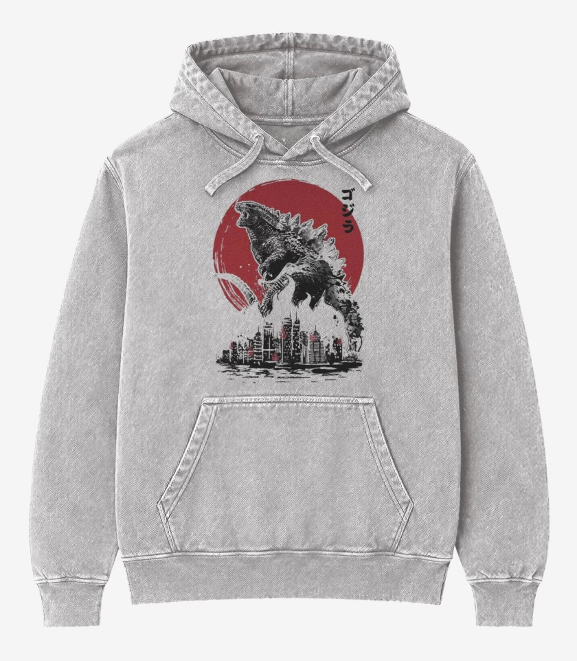 Poleron Canguro Acid Wash Gris Melange de godzilla II
