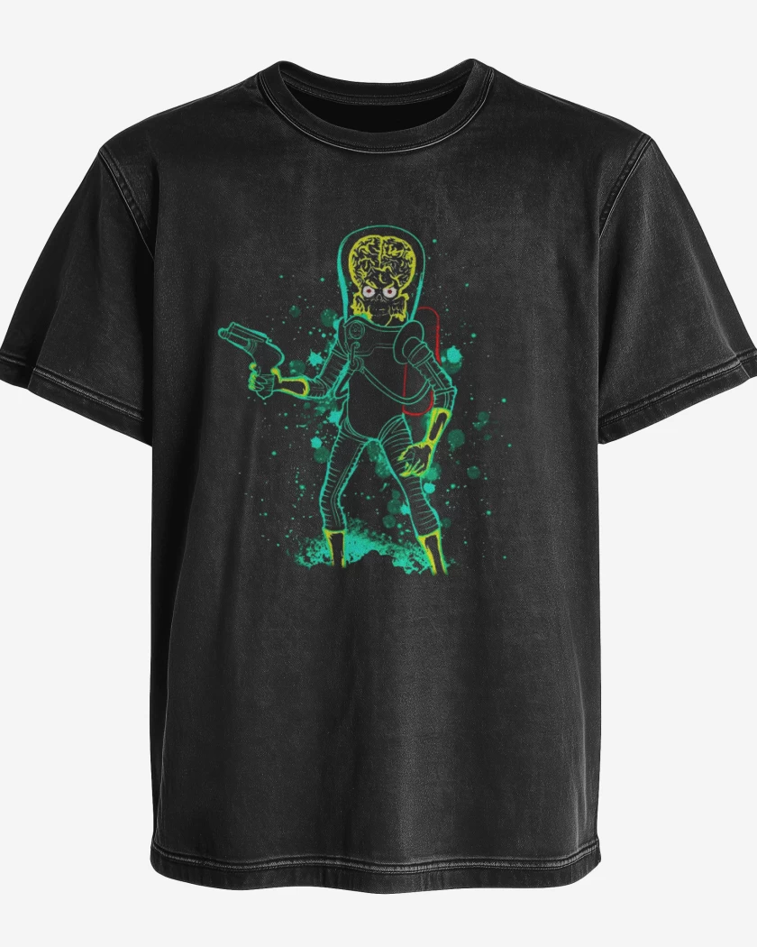 Polera desgastada Negro de Marcianos atacando