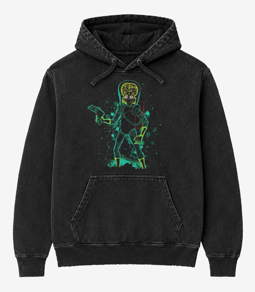 Poleron Canguro Acid Wash Negro de Marcianos atacando