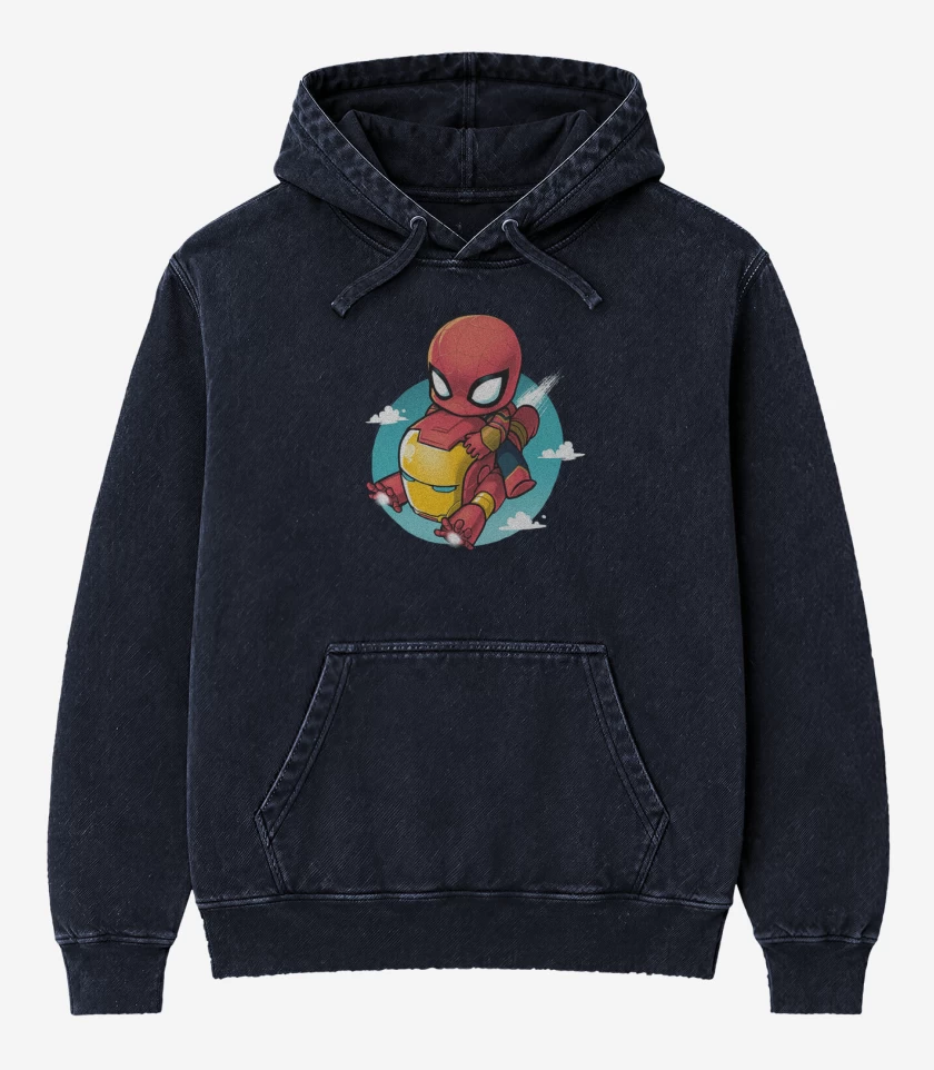 Poleron Canguro Acid Wash Azul Marino de Mini spiderman iron man
