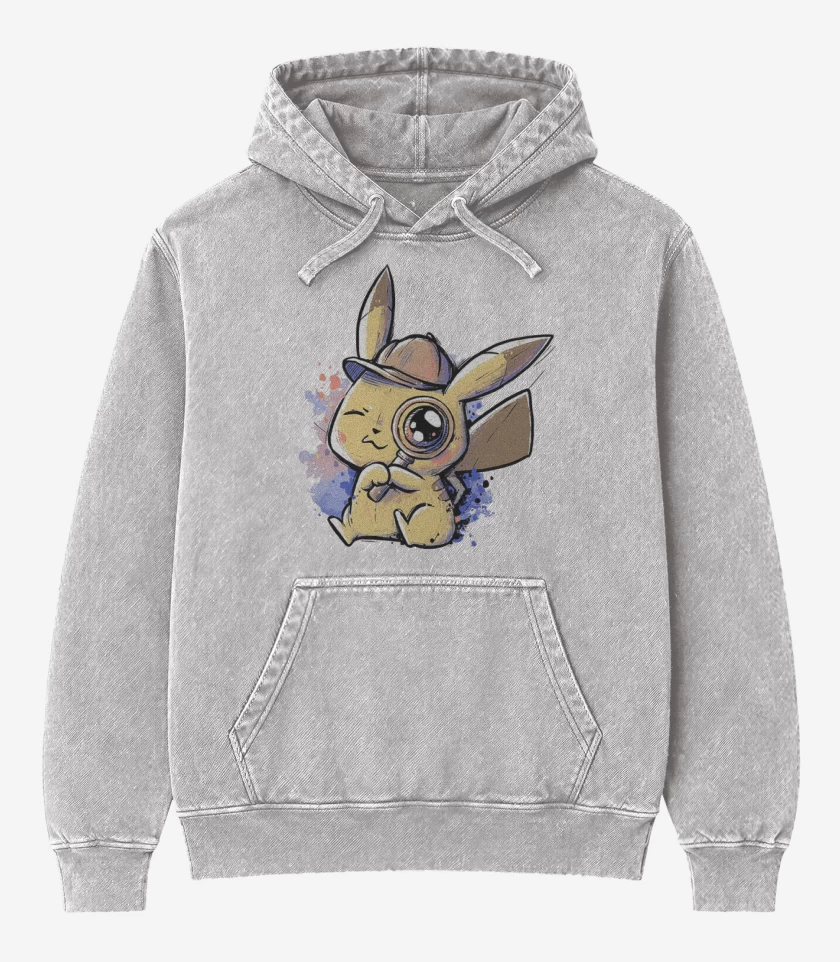Poleron Canguro Acid Wash Gris Melange de Píkachu detective 