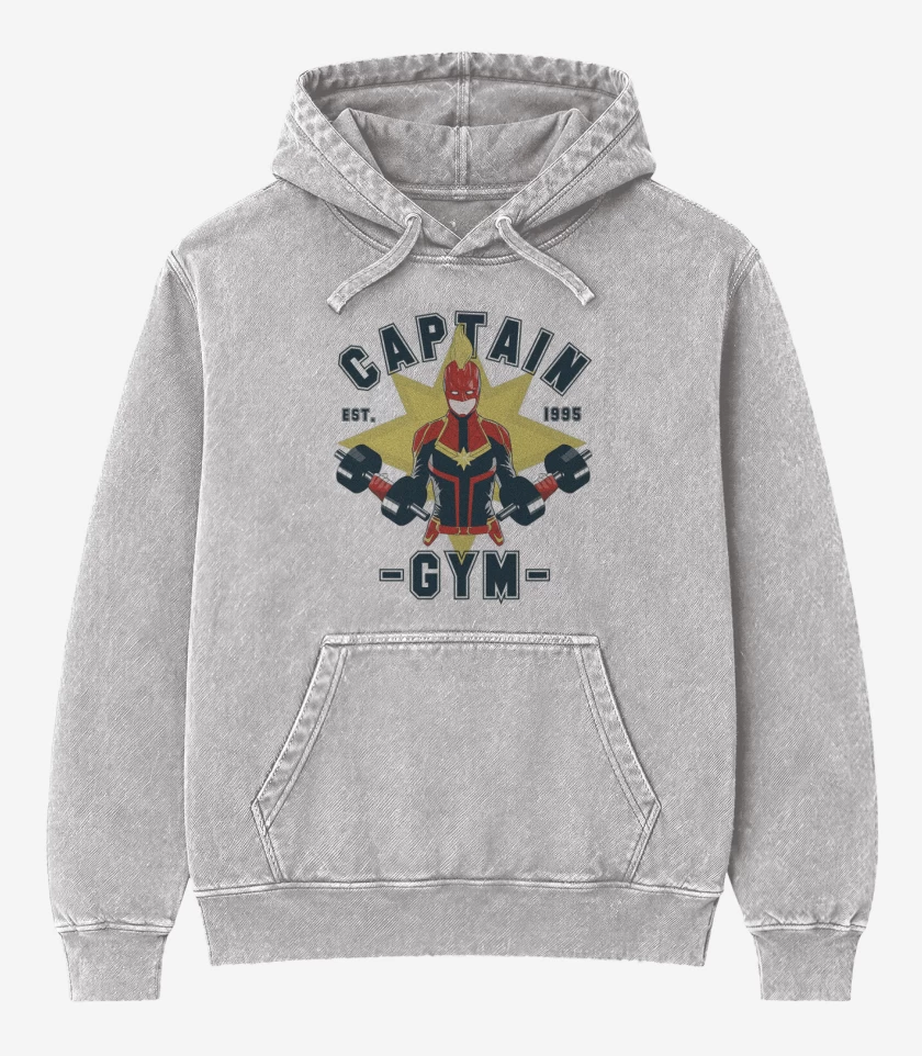 Poleron Canguro Acid Wash Gris Melange de Capitana marvel gym