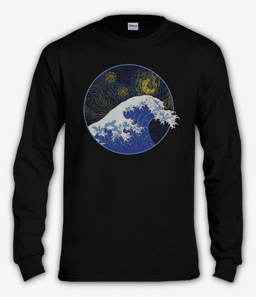 Polera manga larga Negro de La gran ola starry night