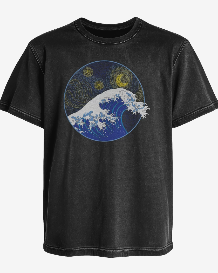 Polera desgastada Negro de La gran ola starry night