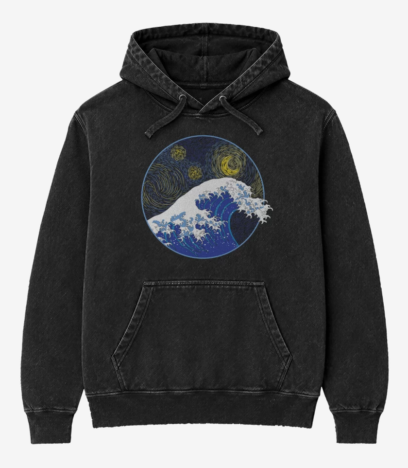 Poleron Canguro Acid Wash Negro de La gran ola starry night