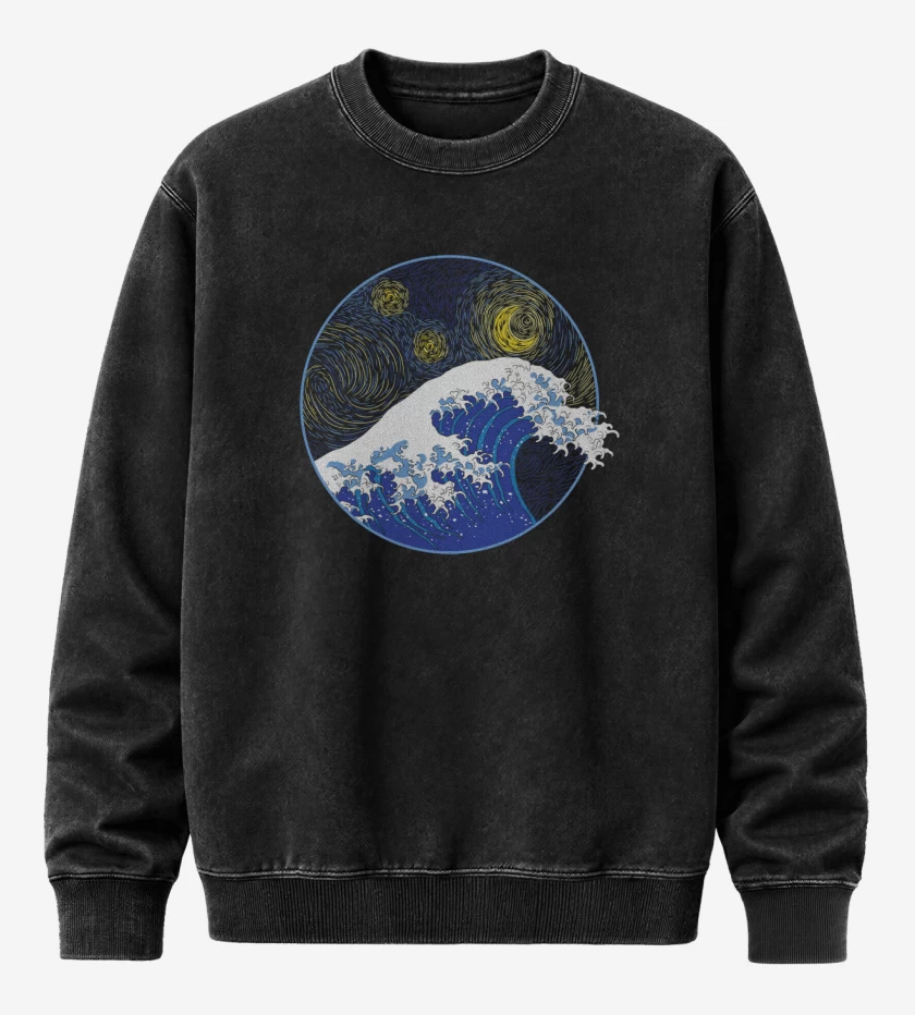 Poleron Polo Acid Wash Negro de La gran ola starry night