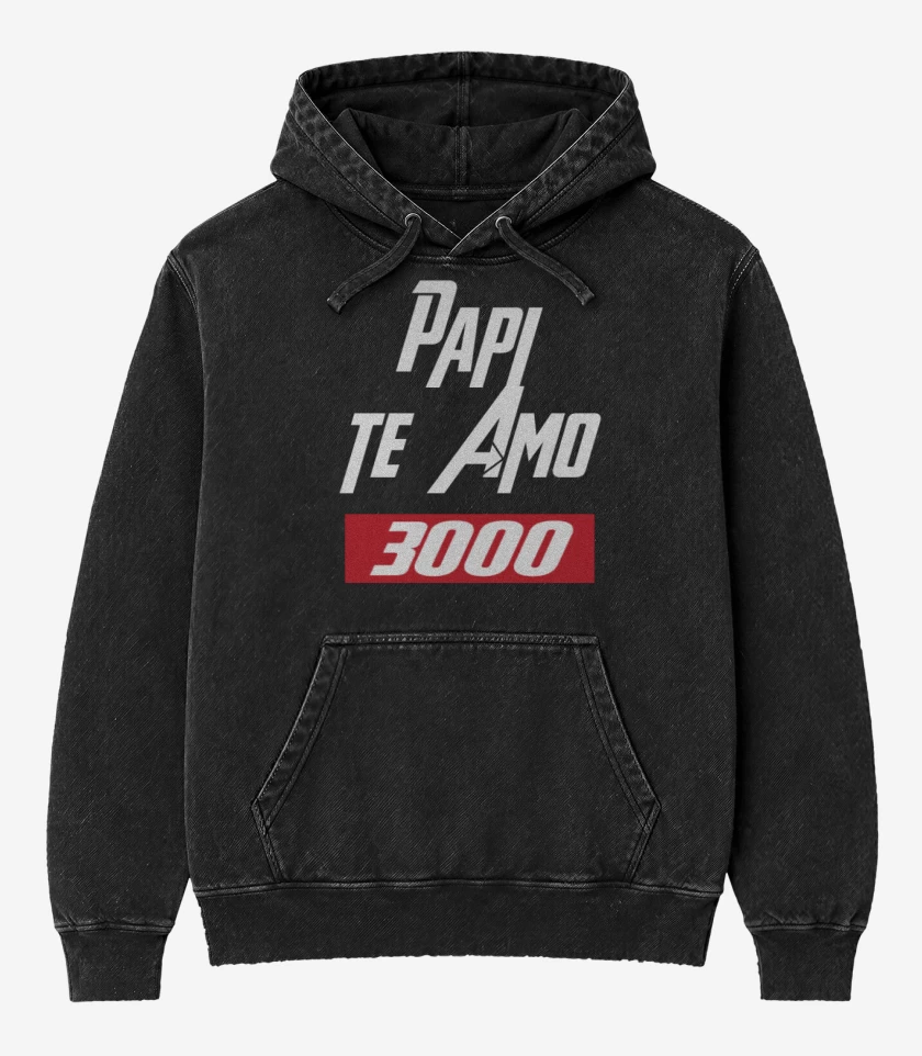 Poleron Canguro Acid Wash Negro de Papi te amo 3mil