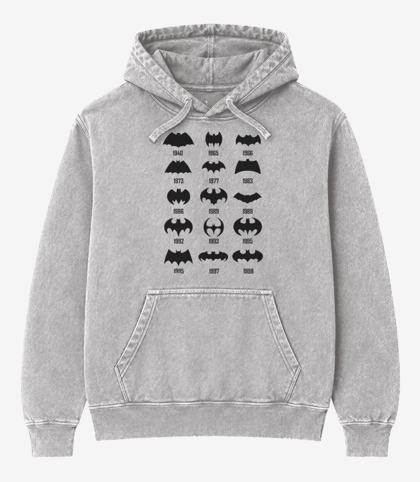 Poleron Canguro Acid Wash Gris Melange de Batman Logo History