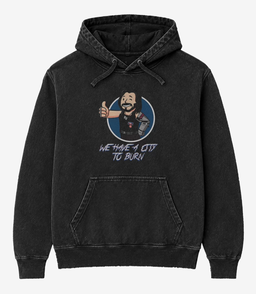 Poleron Canguro Acid Wash Negro de Cyberpunk we have a city to burn