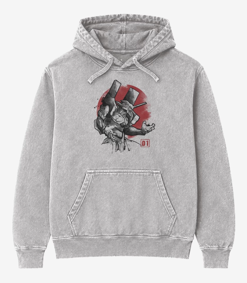 Poleron Canguro Acid Wash Gris Melange de Evangelion blanco y negro
