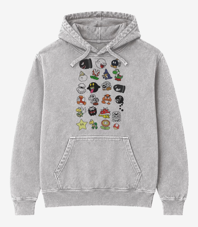 Poleron Canguro Acid Wash Gris Melange de Personajillos