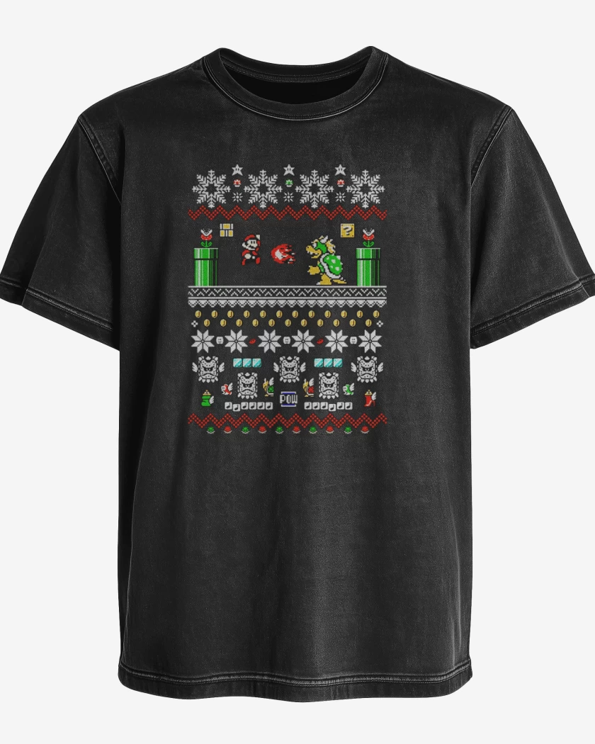 Polera desgastada Negro de Super bigote Navideño