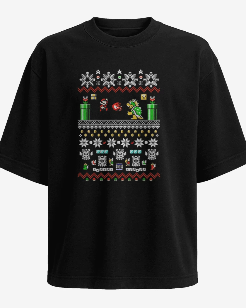 Polera Oversize Negro de Super bigote Navideño