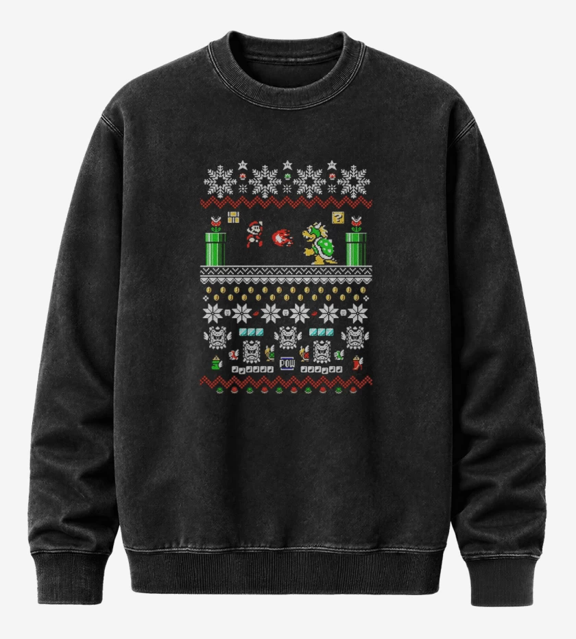 Poleron Polo Acid Wash Negro de Super bigote Navideño