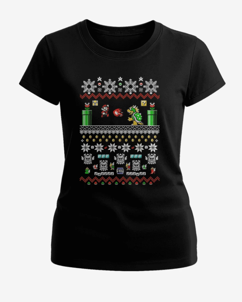 Polera de Mujer Negro de Super bigote Navideño