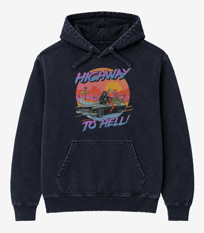 Poleron Canguro Acid Wash Azul Marino de Highway to hell
