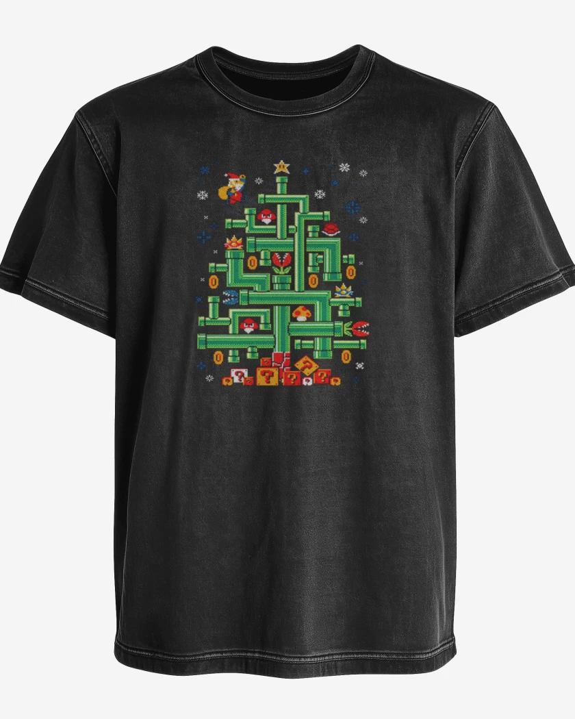 Polera desgastada Negro de Super bigote navideno 2