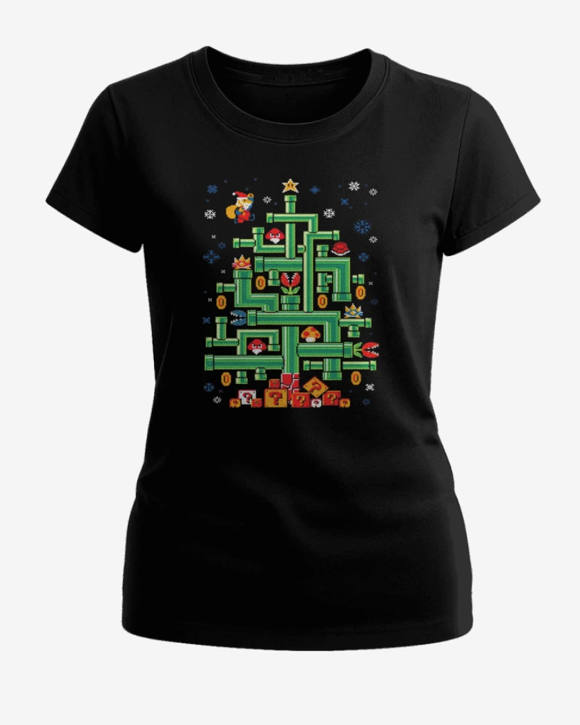 Polera de Mujer Negro de Super bigote navideno 2