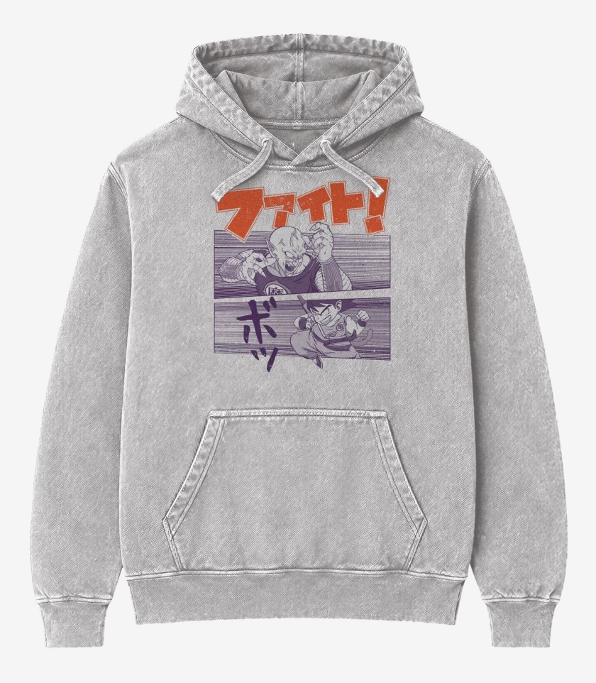 Poleron Canguro Acid Wash Gris Melange de Goku vs Piccolo Daimaku