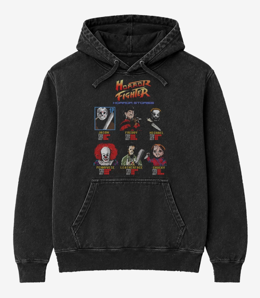 Poleron Canguro Acid Wash Negro de Horror fighter