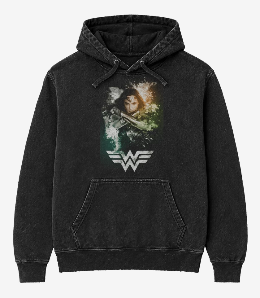 Poleron Canguro Acid Wash Negro de Mujer maravilla