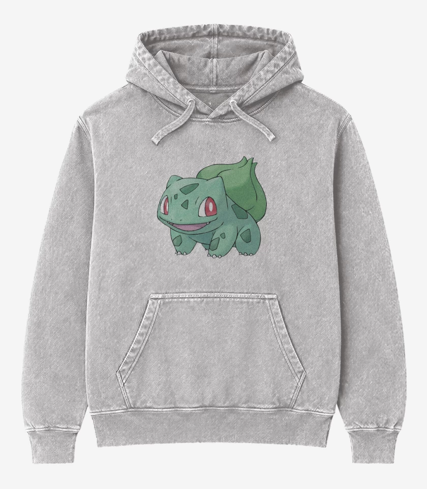 Poleron Canguro Acid Wash Gris Melange de Bulbasaur