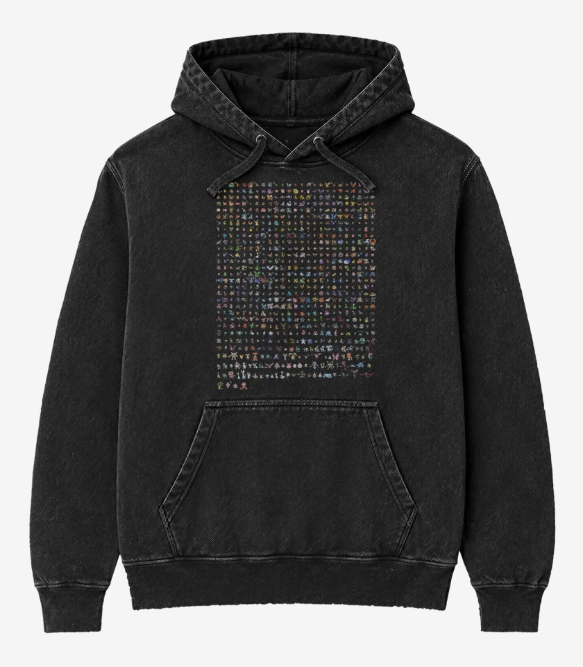Poleron Canguro Acid Wash Negro de Pokemones 8 bits full