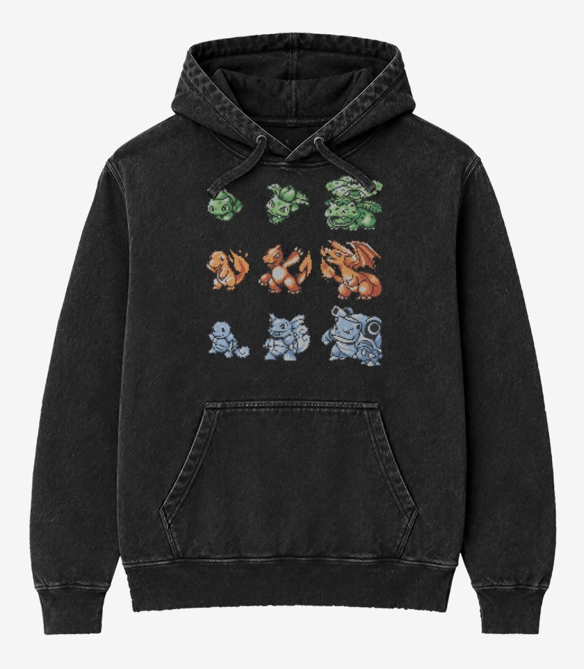 Poleron Canguro Acid Wash Negro de Pokemones 8 bits
