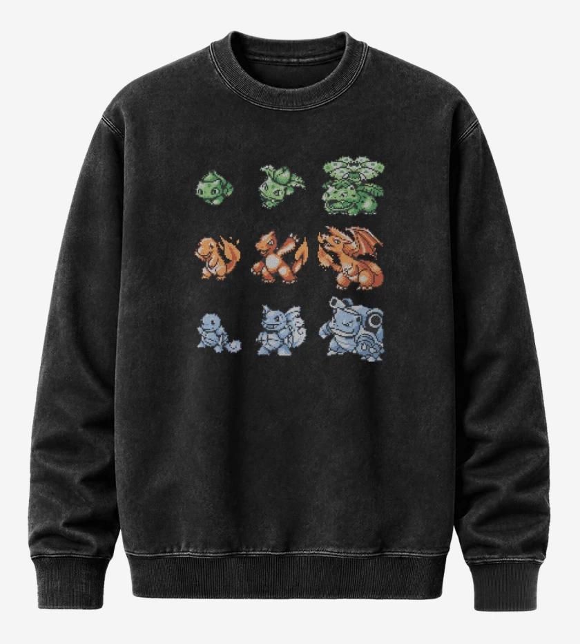 Poleron Polo Acid Wash Negro de Pokemones 8 bits