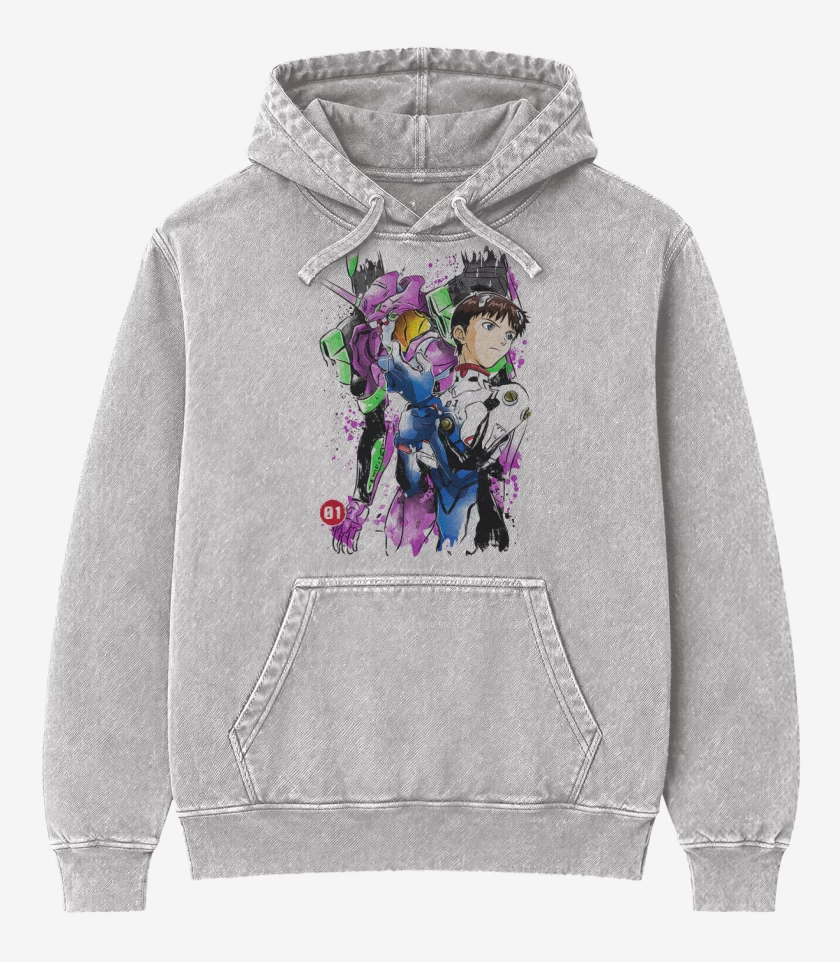 Poleron Canguro Acid Wash Gris Melange de Evangelions