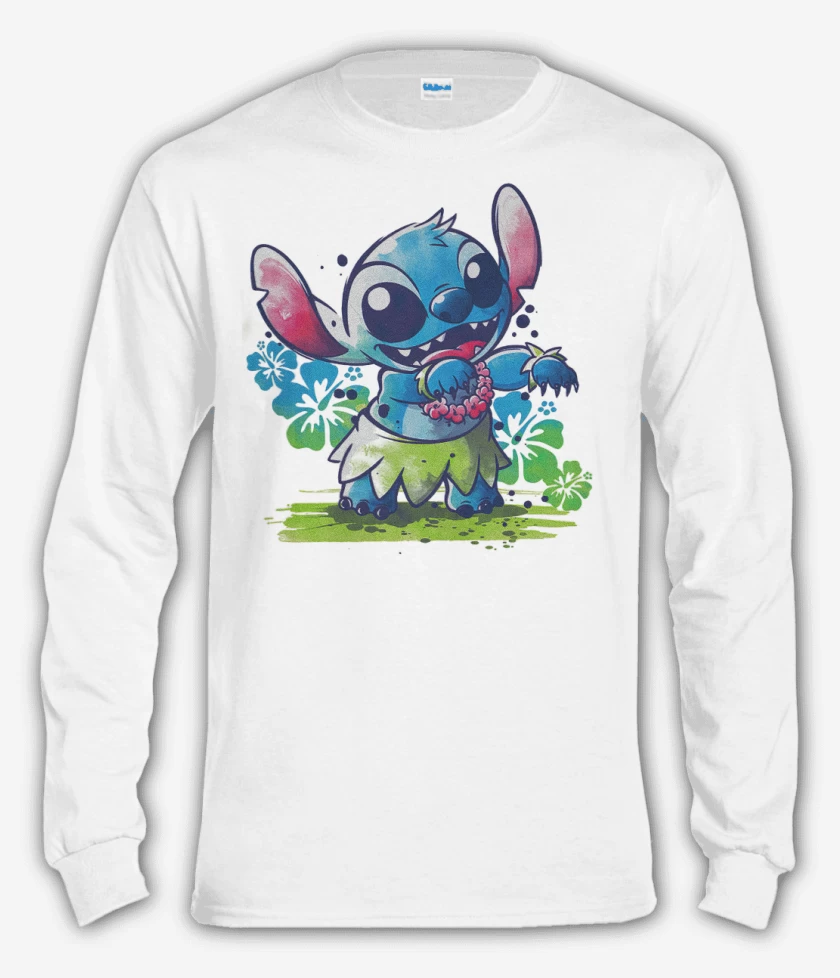 Polera manga larga Blanco de Stitch hawaiano