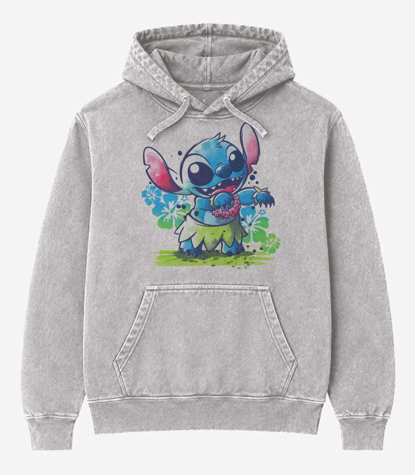 Poleron Canguro Acid Wash Gris Melange de Stitch hawaiano