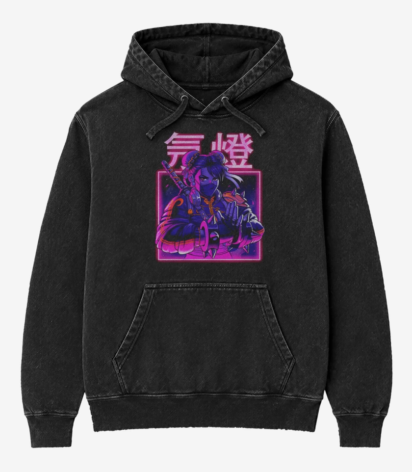 Poleron Canguro Acid Wash Negro de Chun-Li