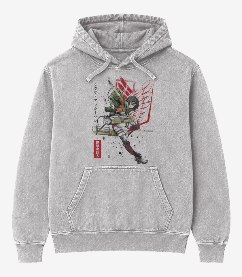 Poleron Canguro Acid Wash Gris Melange de Mikasa Ackerman