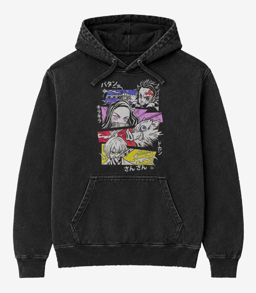Poleron Canguro Acid Wash Negro de demon slayer