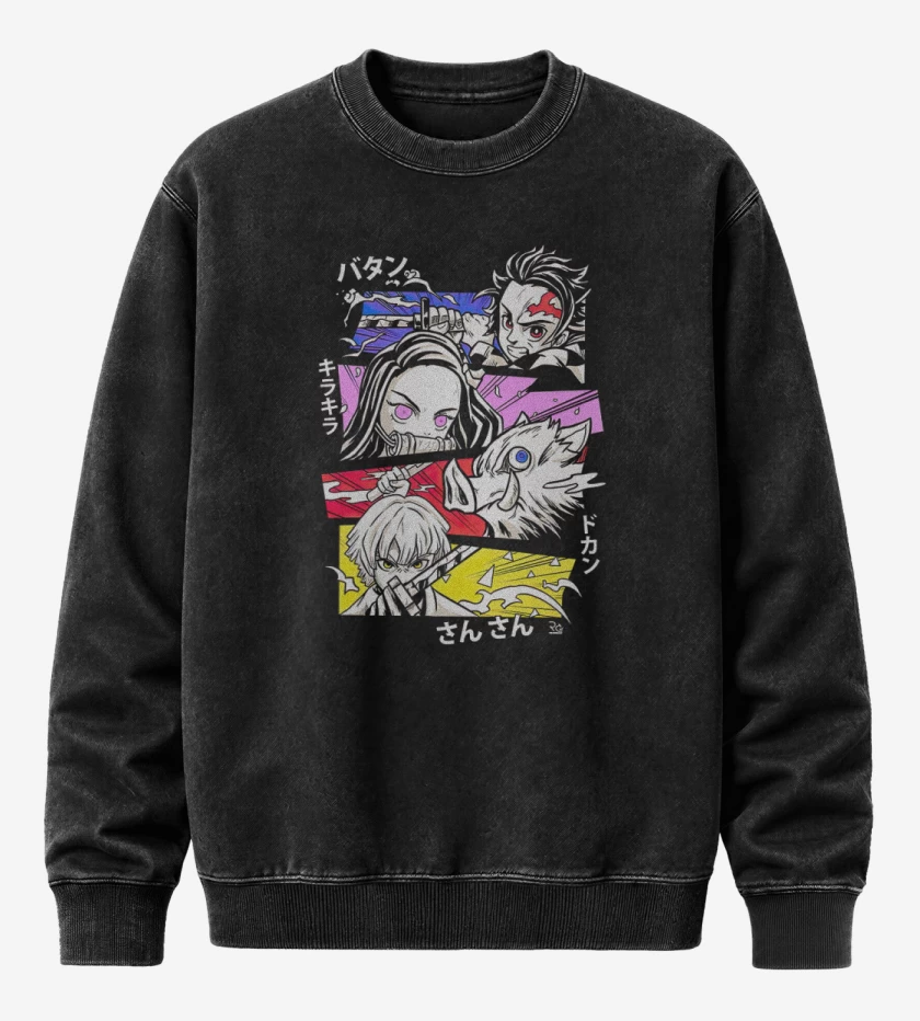 Poleron Polo Acid Wash Negro de demon slayer