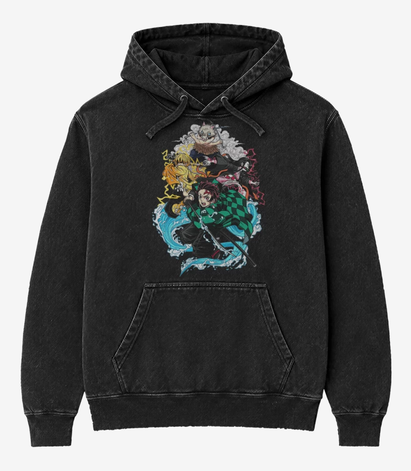 Poleron Canguro Acid Wash Negro de demon slayer 2