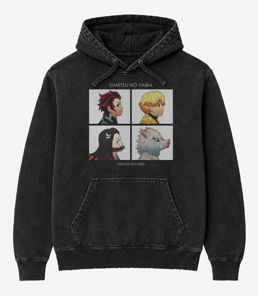 Poleron Canguro Acid Wash Negro de demon slayer 3
