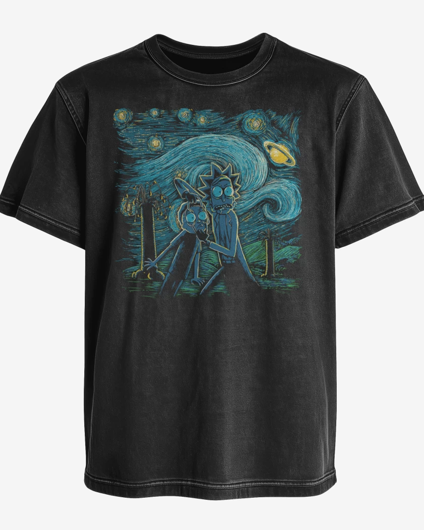 Polera desgastada Negro de Rick and morty estrellado