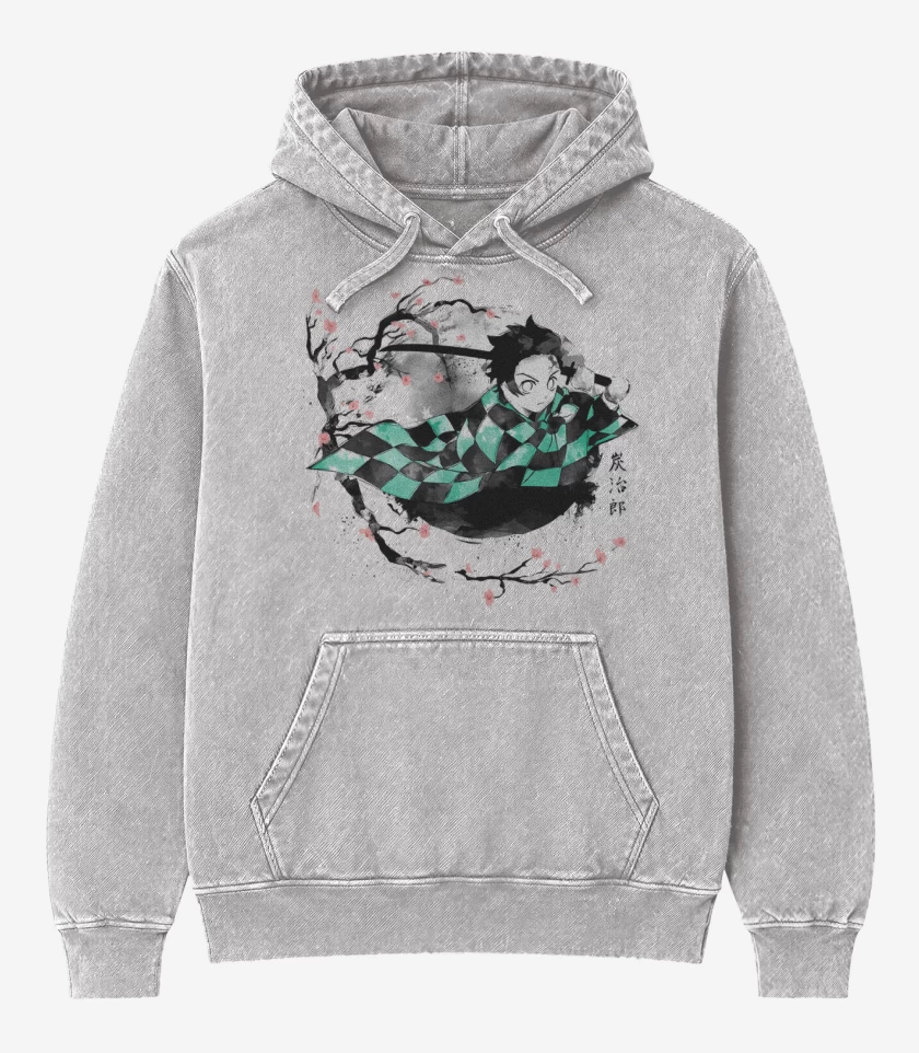 Poleron Canguro Acid Wash Gris Melange de Tanjiro