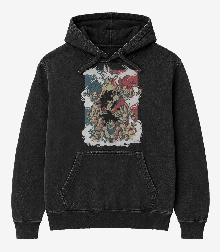 Poleron Canguro Acid Wash Negro de Todos los Gokus