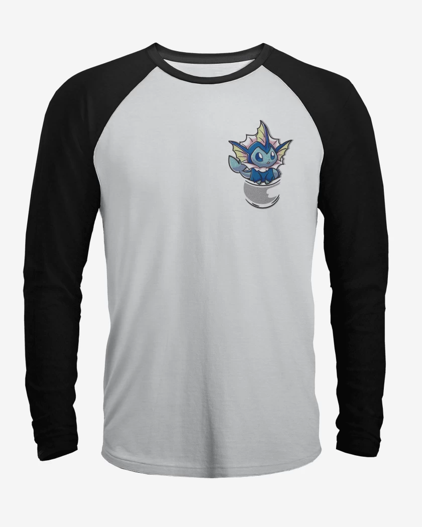 Polera Raglan Blanco / Negro de Vaporeon Bolsillo