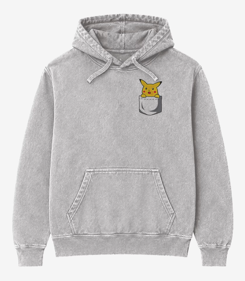 Poleron Canguro Acid Wash Gris Melange de Pikachu de bolsillo