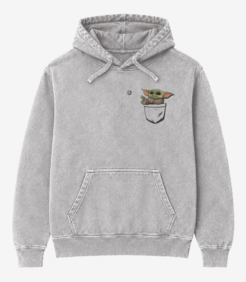 Poleron Canguro Acid Wash Gris Melange de Grogu de bolsillo