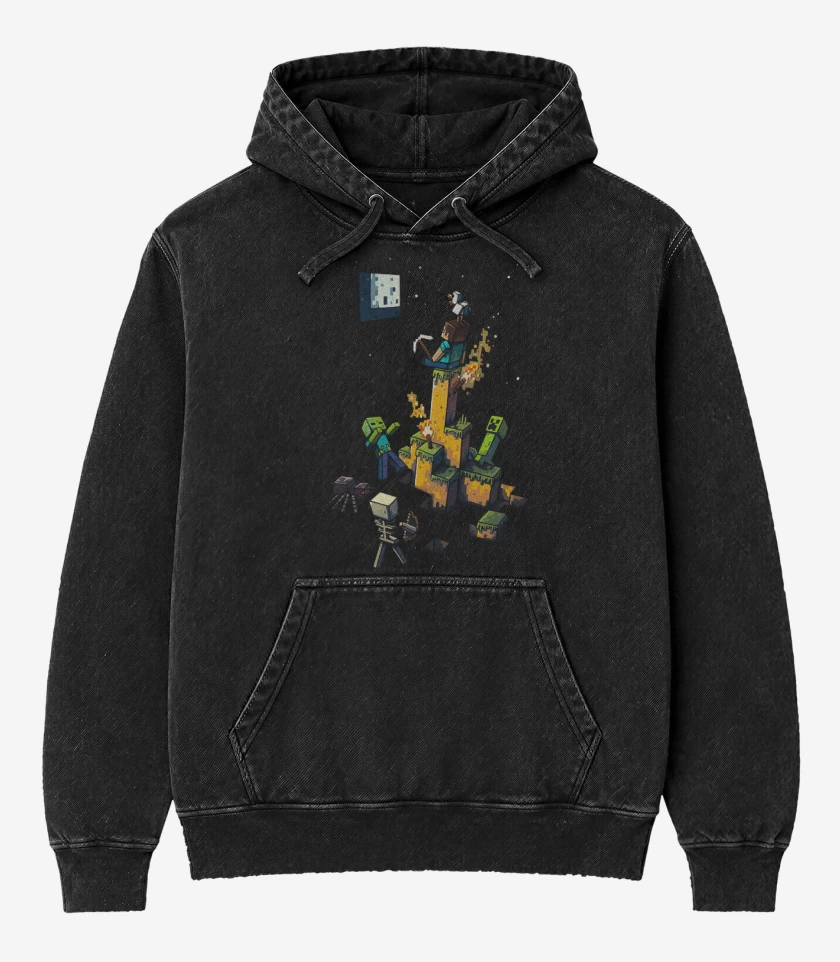Poleron Canguro Acid Wash Negro de Minecraft artistico