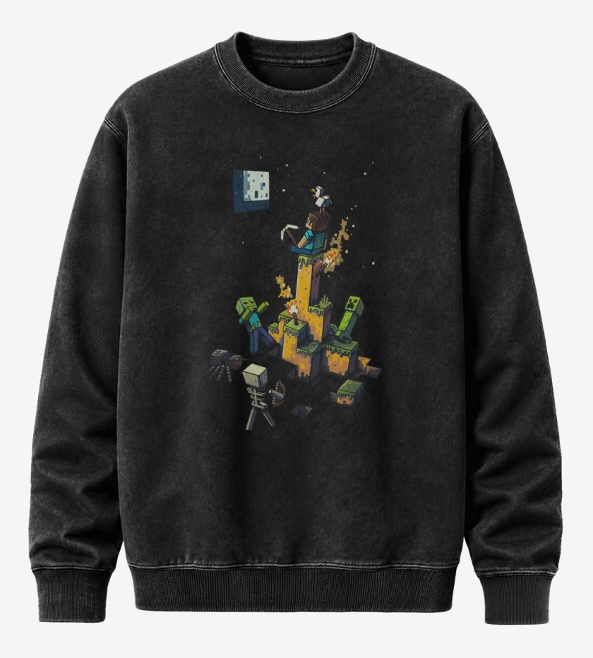Poleron Polo Acid Wash Negro de Minecraft artistico