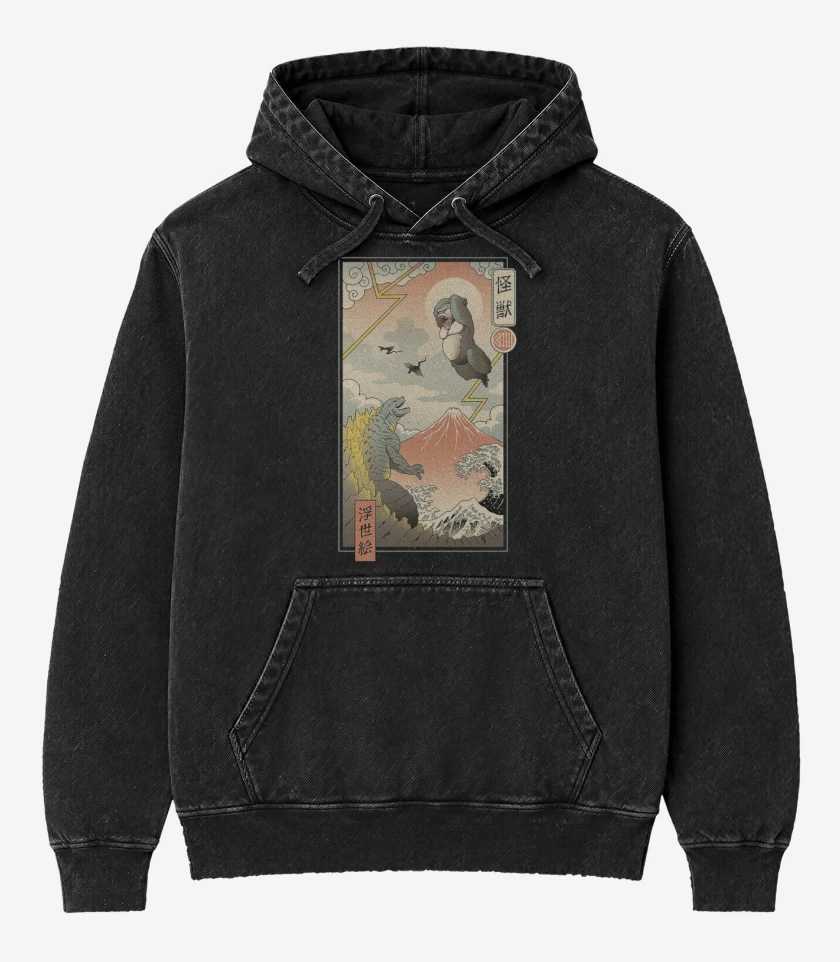 Poleron Canguro Acid Wash Negro de Godzilla vs Kong