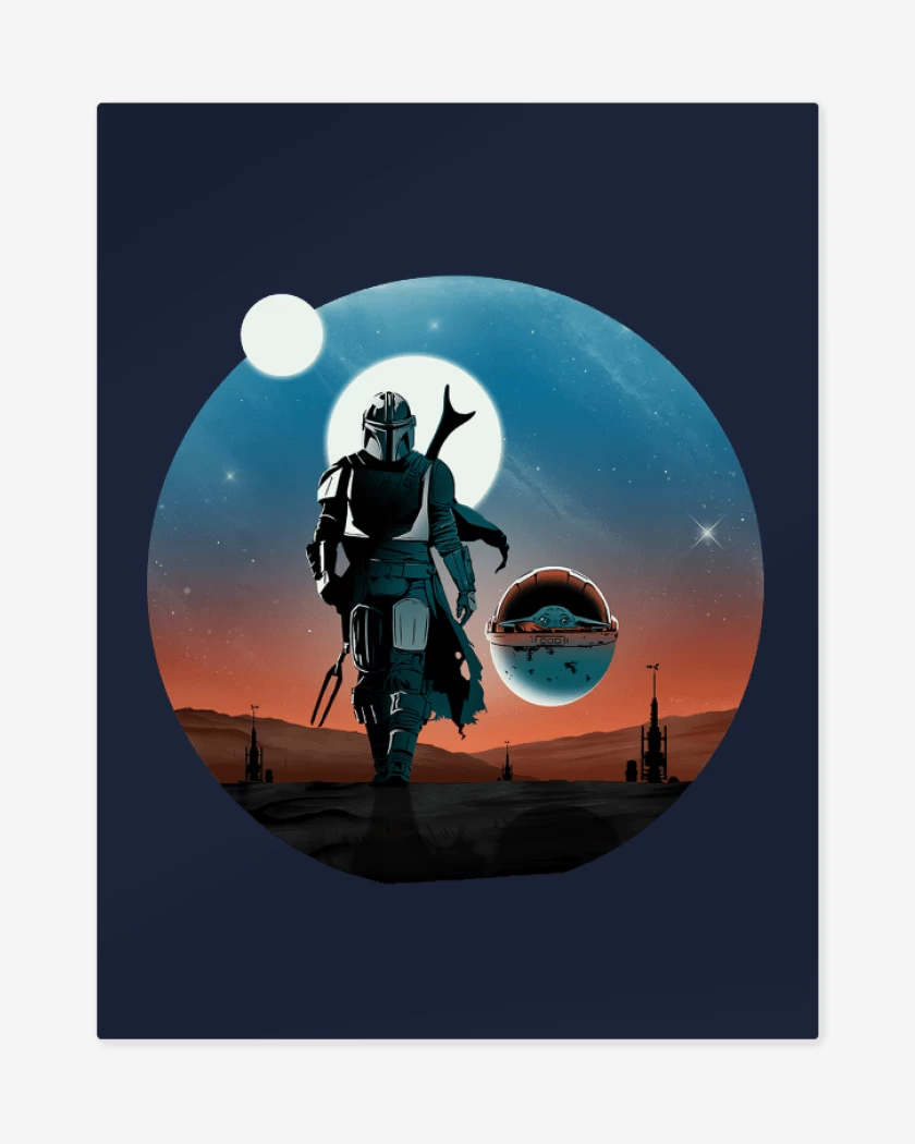 Print metalico Azul Marino de El Mandalorian y el Yodita